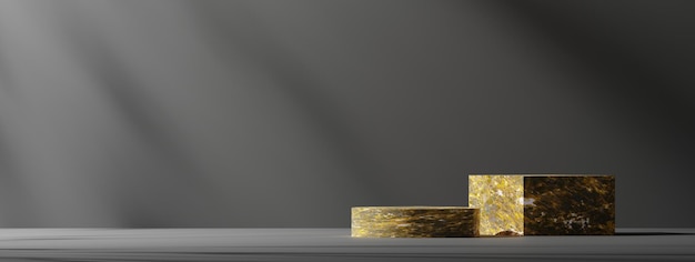 mockup del podio del piedistallo in marmo giallo naturale su sfondo scuro, piattaforma vuota per la vetrina del prodotto