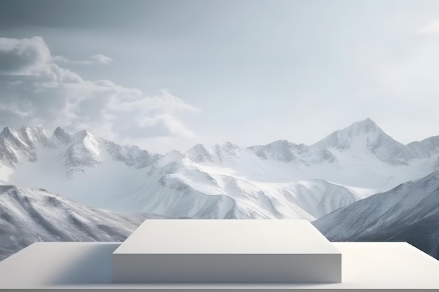 Mockup del podio su un set a tema invernale Sfondo di montagne innevate IA generativa
