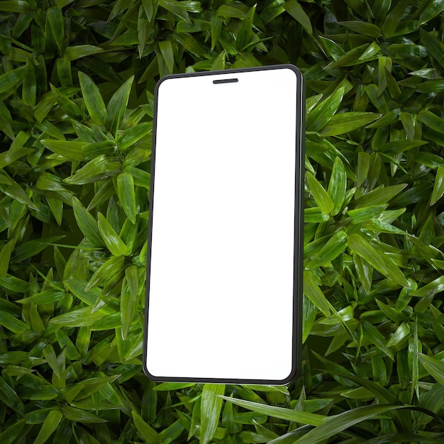 Mockup del telefono con uno schermo bianco su uno sfondo di fogliame verde vibrante, mockup naturale 3D