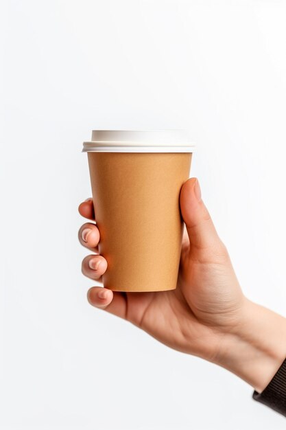 Mockup della mano che tiene una tazza di caffè usa e getta