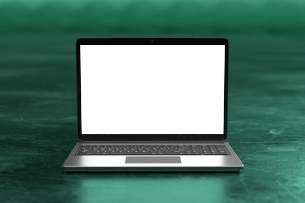 Mockup dello schermo del computer portatile sopra una superficie piana con display scenico di presentazione del prodotto di sfondo colorato mediante rendering 3d