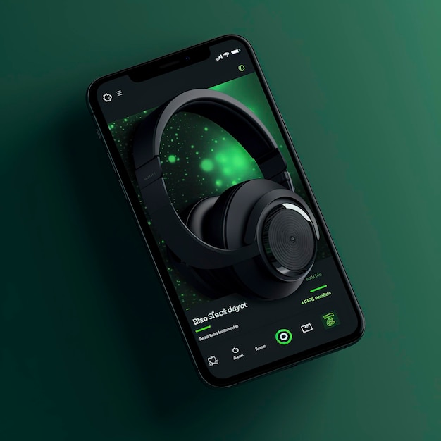 Mockup dello schermo del telefono cellulare cuffie nere Smartphone display mock up e cuffie per ascoltare musica audio podcast app generare ai