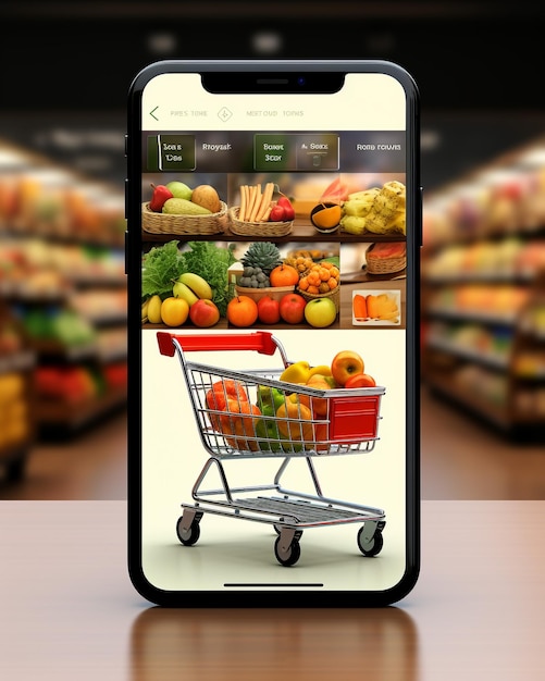 mockup dello schermo dell'app martphone con carrello del supermercato e scatole con spazio per la copia