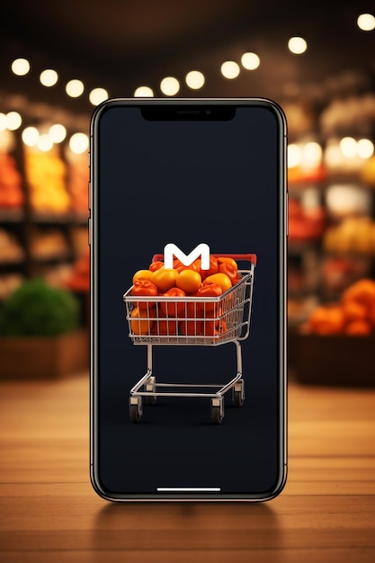 mockup dello schermo dell'app martphone con carrello del supermercato e scatole con spazio per la copia