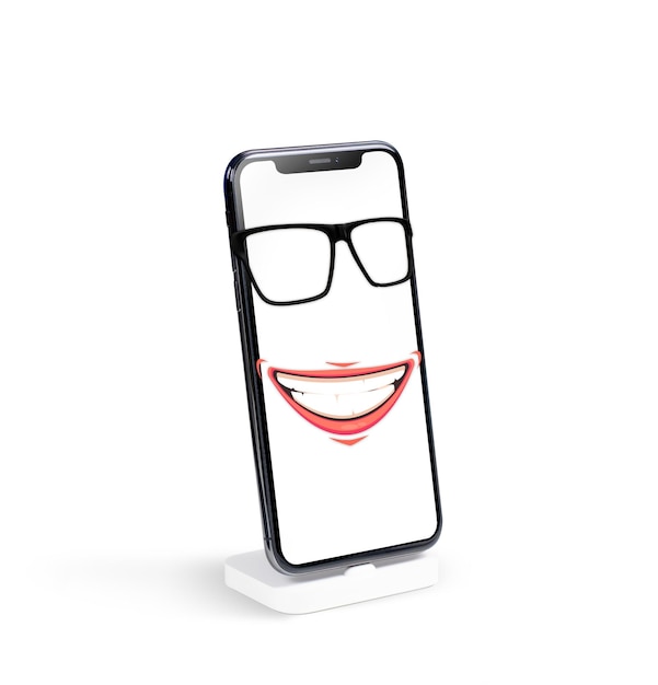 Mockup dello schermo dello smartphone 3D e grande espressione del viso di Mangirl sorridente con l'illustrazione degli occhiali