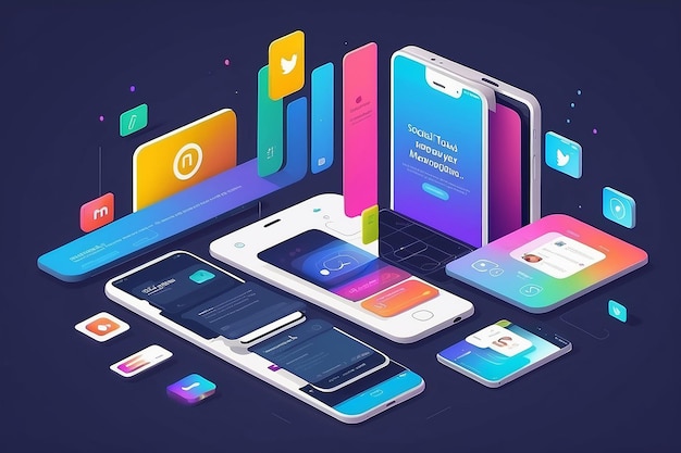 Mockup design website flat design concept piattaforma di social media con tocco umano dispositivo mobile e schermo smartphone