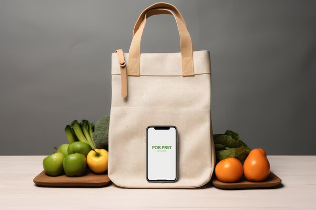 Mockup di app mobile per migliorare la comodità che mostra il telefono sul podio con borsa e prodotti alimentari