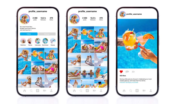 Mockup di app per social media per la galleria del profilo utente e visualizzazioni di foto singole