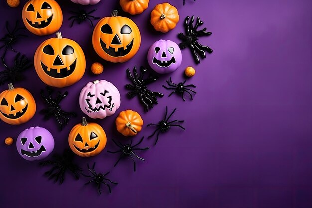 Mockup di banner di Halloween con zucche mani ragni pipistrelli su sfondo viola