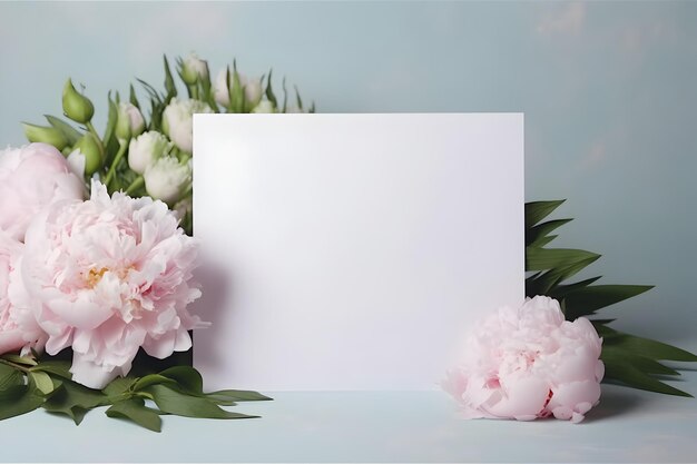 Mockup di biglietto d'auguri vuoto con peonie da giardino su sfondo blu pastello Composizione del modello estivo con fiori e spazio di copia AI generato