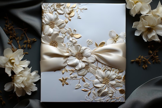 Mockup di biglietto d'invito per matrimonio con fiori Mockup di carta bianca su sfondo beige