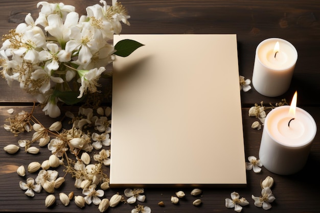 Mockup di blocco note minimalista con fiori e candele