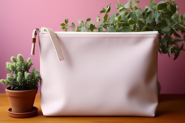 Mockup di borsa per trucco in tela bianca su sfondo pastello Modello in luce naturale per un design personalizzato