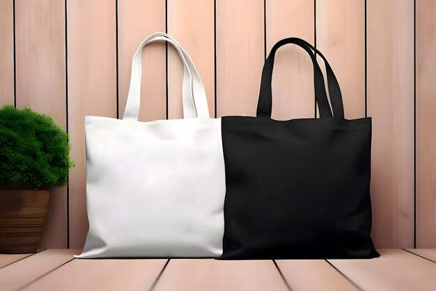 Mockup di borsa Tote bianca e nera su uno sfondo modello di borsa