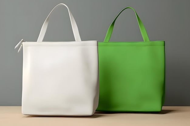 Mockup di borsa Tote bianca e verde su uno sfondo modello di borsa