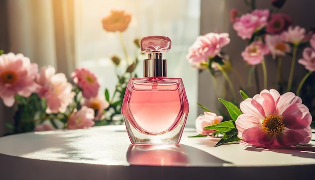 Mockup di bottiglia di profumo di vetro rosa con bellissimi fiori primaverili o estivi sul tavolo Aroma floreale