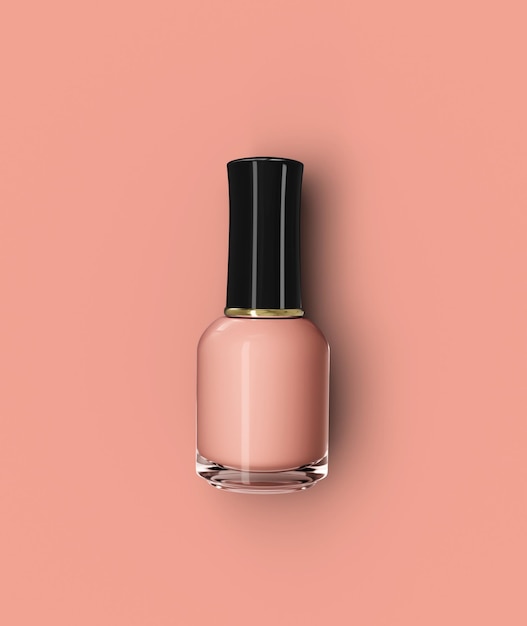 Mockup di bottiglia di vetro per smalto nudo su sfondo rosa vista dall'alto Trucco cosmetico di bellezza 3d