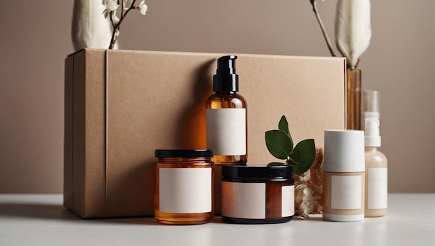 Mockup di bottiglie di cosmetici con etichetta vuota e fiori secchi Cosmetici organici naturali