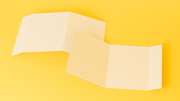 Mockup di brochure in carta a tre ante in bianco A4 su sfondo giallo con ombre morbide 3D illustrazione
