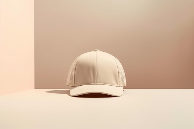 Mockup di cappello da baseball unisex beige vuoto su sfondo minimalista