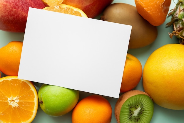 Mockup di carta bianca arricchito da frutta fresca che crea una festa visiva dal design sano e vivace