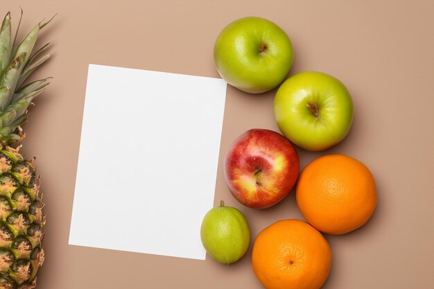 Mockup di carta bianca arricchito da frutta fresca che crea una festa visiva dal design sano e vivace