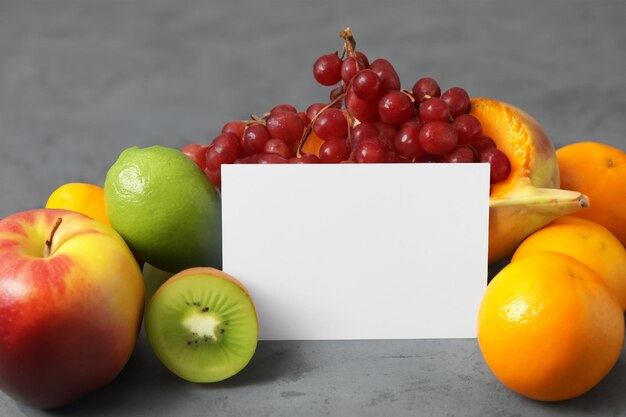 Mockup di carta bianca arricchito da frutta fresca che crea una festa visiva dal design sano e vivace