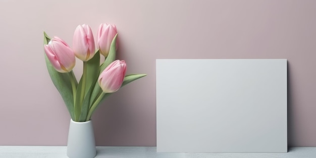 Mockup di carta bianca bianca con tulipano rosa Spazio di copia Weber di immagini generative AI