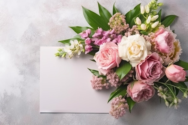 Mockup di carta bianca con arrangiamento di fiori su un layflat di consistenza grigia