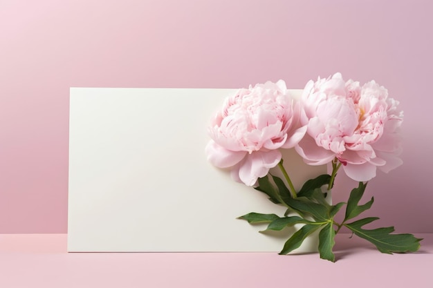 Mockup di carta bianca vuota con fiore di peonia con biglietto di auguri Spazio di copia Weber di immagini generative AI