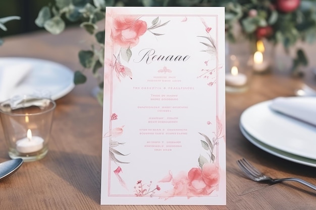 Mockup di carta del menu verticale per matrimonio o compleanno per festeggiare in stile
