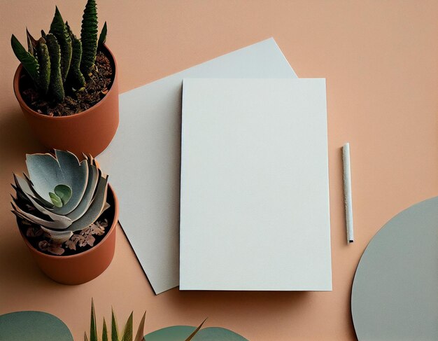 Mockup di carta flatlay su tavolo Design moderno e minimalista creato con intelligenza artificiale generativa