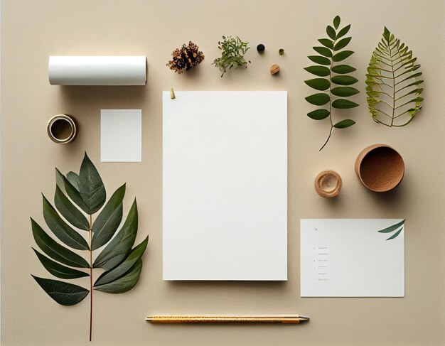 Mockup di carta flatlay su tavolo Design moderno e minimalista creato con intelligenza artificiale generativa