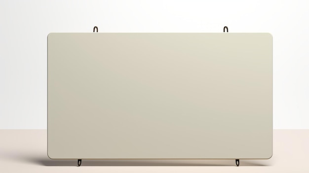 Mockup di cartello acrilico khaki su sfondo bianco con rotolo appeso