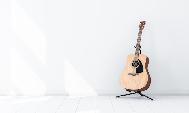 Mockup di chitarra acustica su supporto in rendering 3d di una stanza vuota bianca