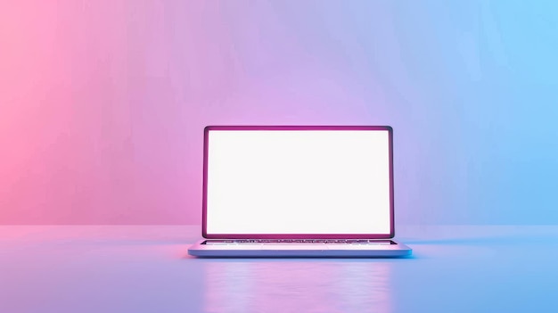 Mockup di computer isolato su uno sfondo pastello colorato con luce al neon che mostra uno schermo vuoto Concept tecnologico moderno Illustrazione digitale