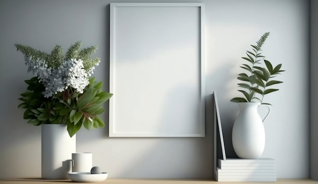 mockup di cornice bianca su un muro bianco con piante e fiori