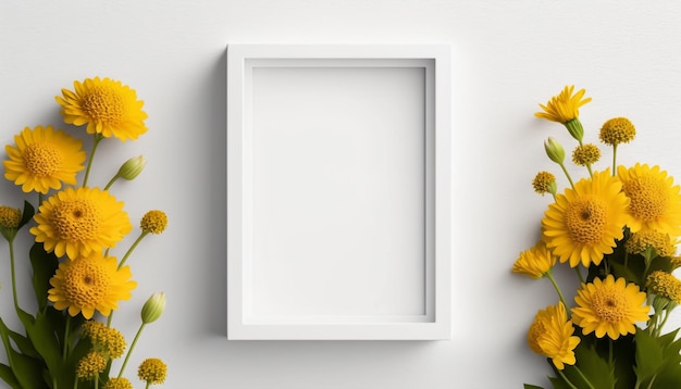 Mockup di cornice decorata con fiori primaverili spazio pulito per il testo su sfondo bianco