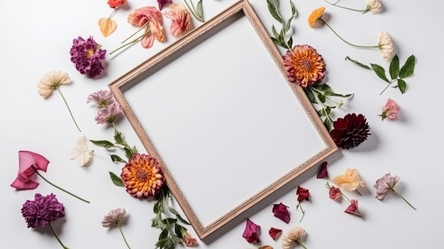 Mockup di cornice decorata con fiori primaverili spazio pulito per il testo su sfondo bianco