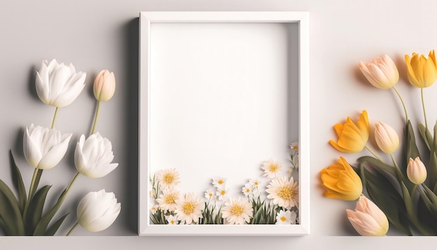 Mockup di cornice decorata con fiori primaverili spazio pulito per il testo su sfondo bianco