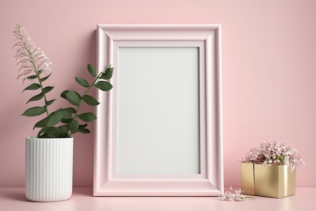 Mockup di cornice fotografica vuota rosa su sfondo chiaro Scaffale interno in legno vicino alla parete rosa primo piano