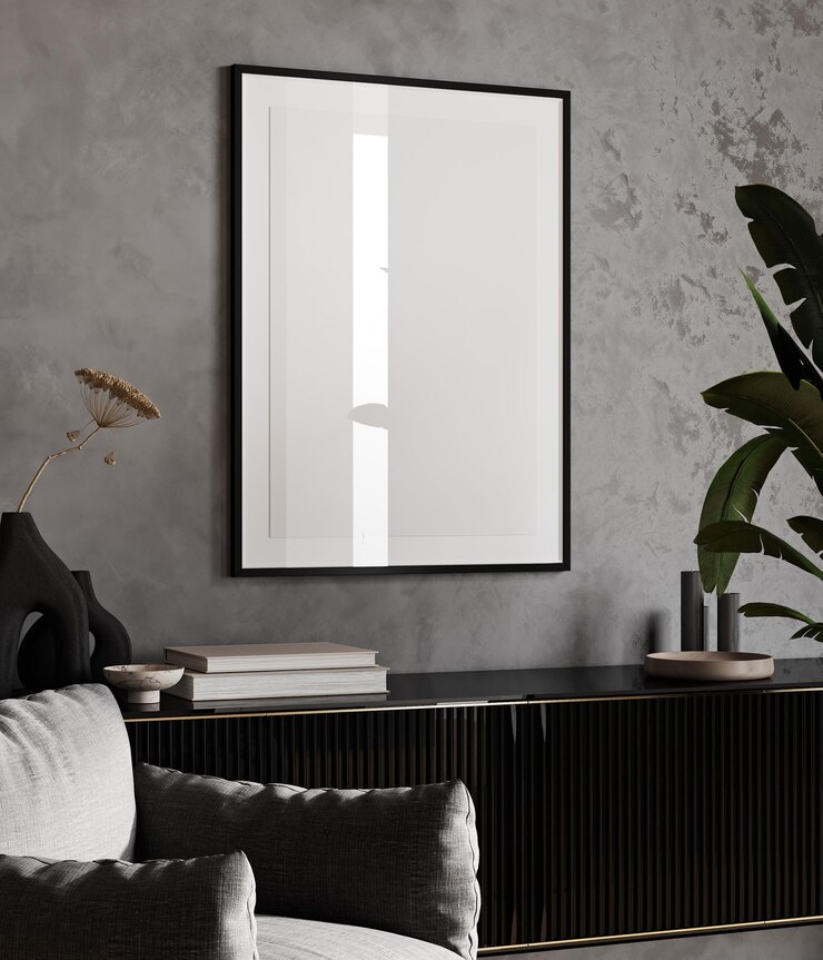 Mockup di cornice in interni di lusso con soggiorno decorato in colore grigio con console nera rendering 3d