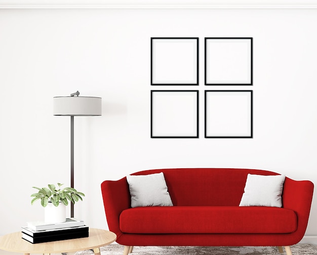 Mockup di cornice in soggiorno e divano rosso Rendering 3D di cornice nera