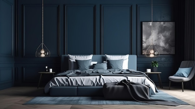 Mockup di cornice in un'accogliente camera da letto blu scuro rendering 3d interno Colore brillante AI generativo