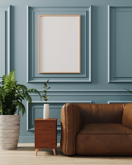 Mockup di cornice per foto con rendering 3d della parete blu