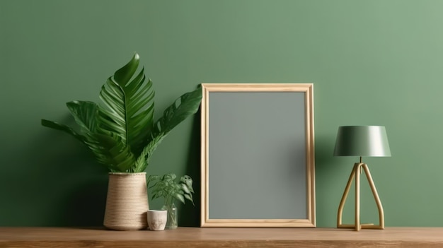 Mockup di cornice per foto in legno verde montato a parete sul vaso della lampada interna dell'armadio in legno Generative AI