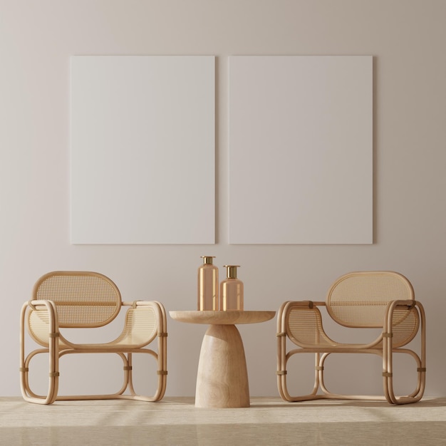 Mockup di cornice per foto in una stanza scandinava minimalista e pulita. rendering 3d