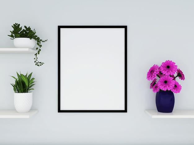 Mockup di cornice per foto singola con piante e fiori rendering 3D