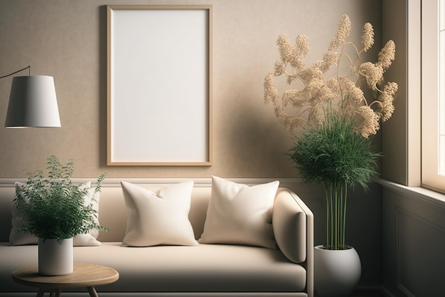 Mockup di cornice per poster in arredamento soggiorno beige