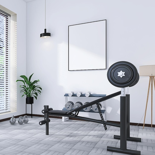 Mockup di cornice poster vuota in un centro fitness minimo scena di rendering 3d con attrezzature da palestra